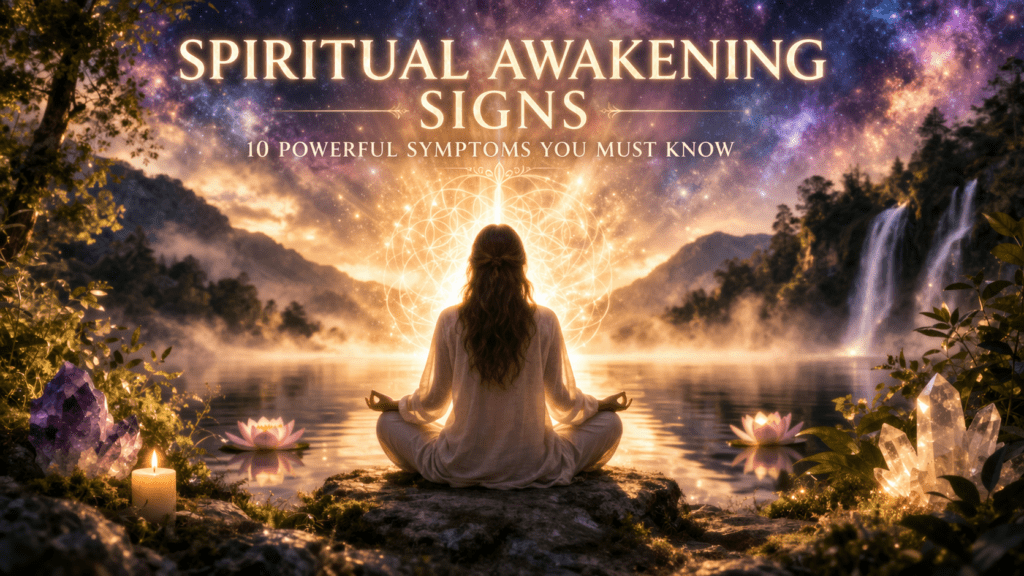 spiritual awakening signs meditation person glowing energy lake mountains cosmic sky