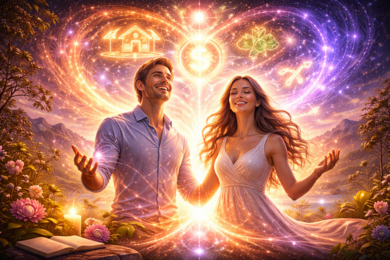 Couple manifesting dreams using law of attraction with glowing energy, symbols of wealth, home, and success in a mystical environment